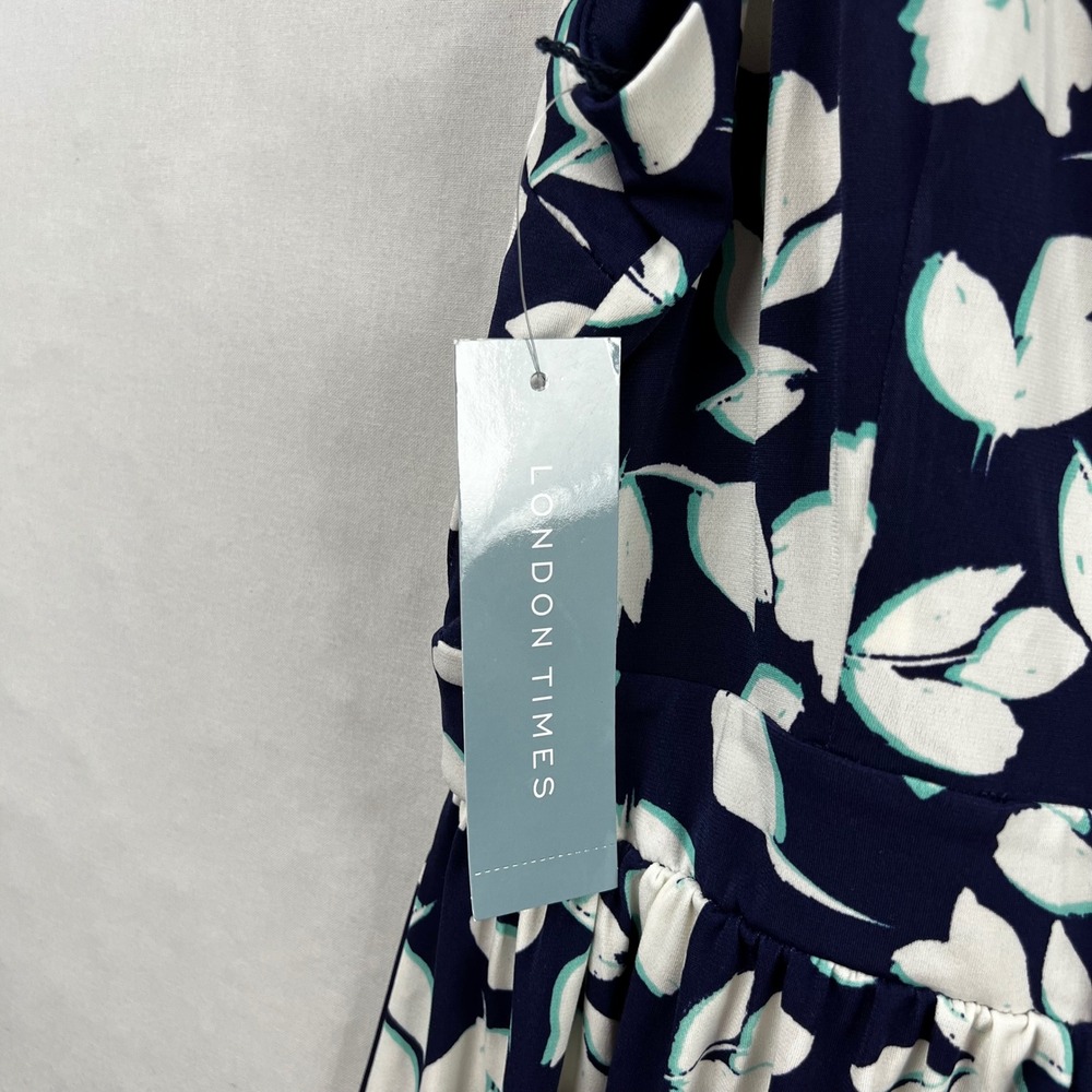London Times Maxi Dress Large Navy Blue White Floral Sleeveless Scoop Neck - Picture 13 of 15